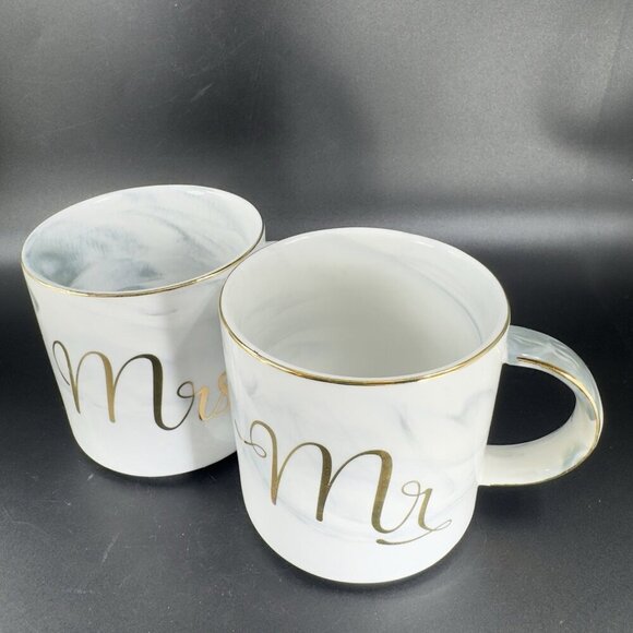 Mr & Mrs Coffee Mug Cup Set Ceramic Marble Coloring Gold Edges Wedding Gift Mugs - Picture 7 of 13